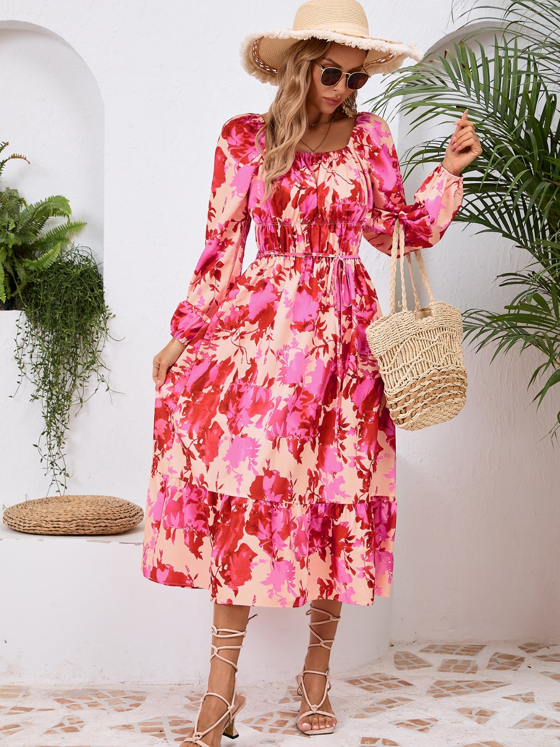 Printed Long Sleeve Midi Dress   