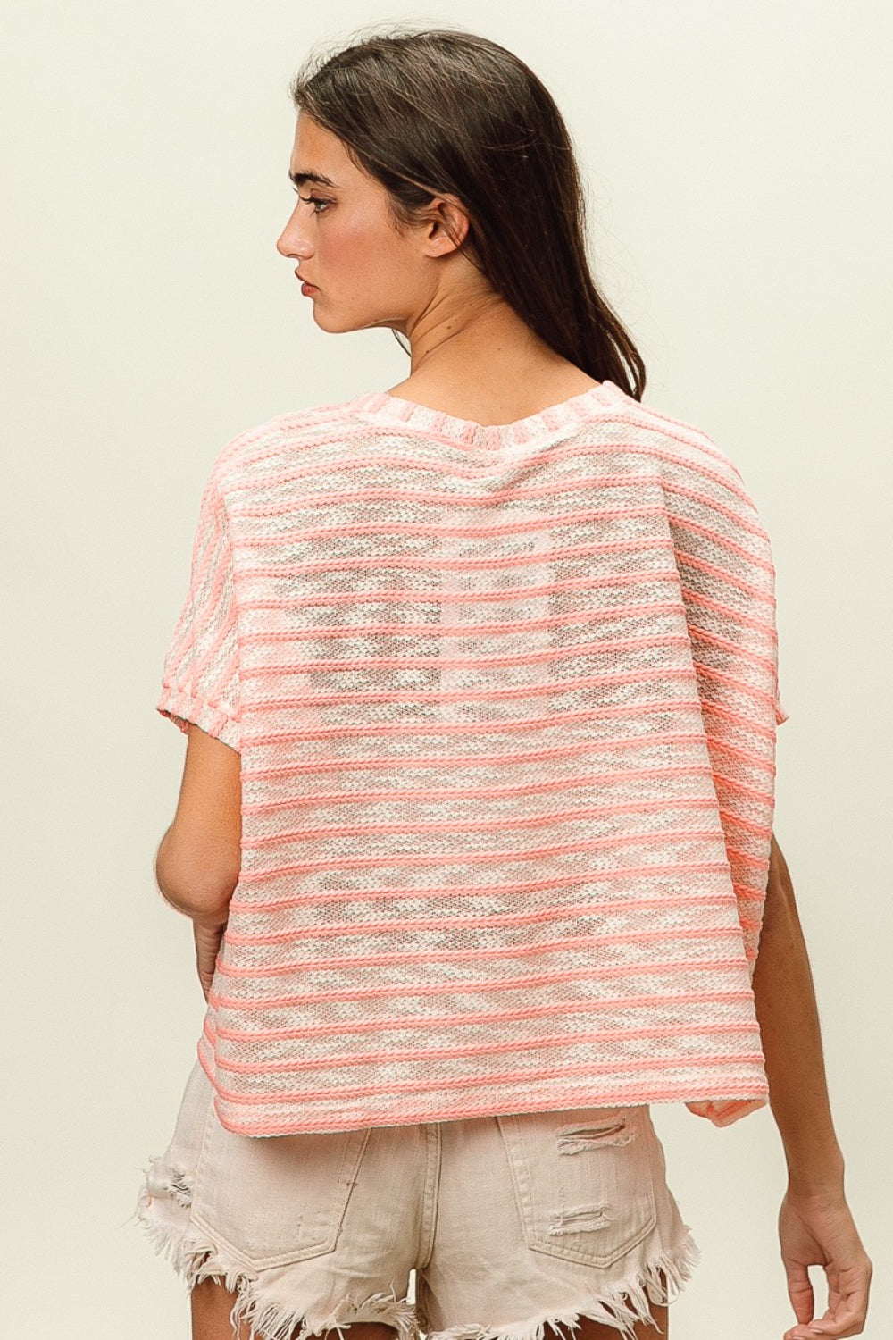 BiBi Braid Striped Short Sleeve Round Neck T-Shirt   