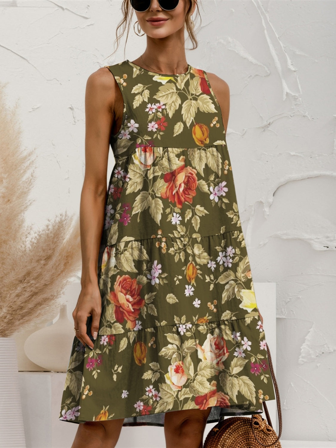 STUNNLY  Tiered Printed Round Neck Sleeveless Dress Moss M 