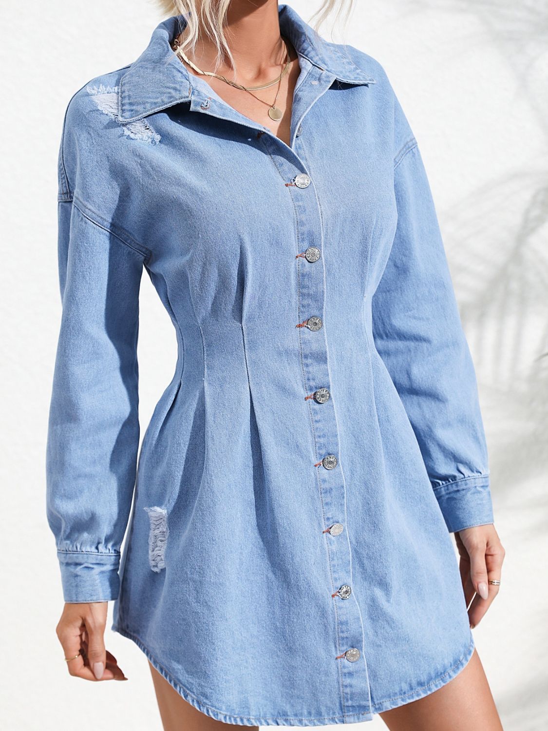 Distressed Button Up Long Sleeve Denim Dress   