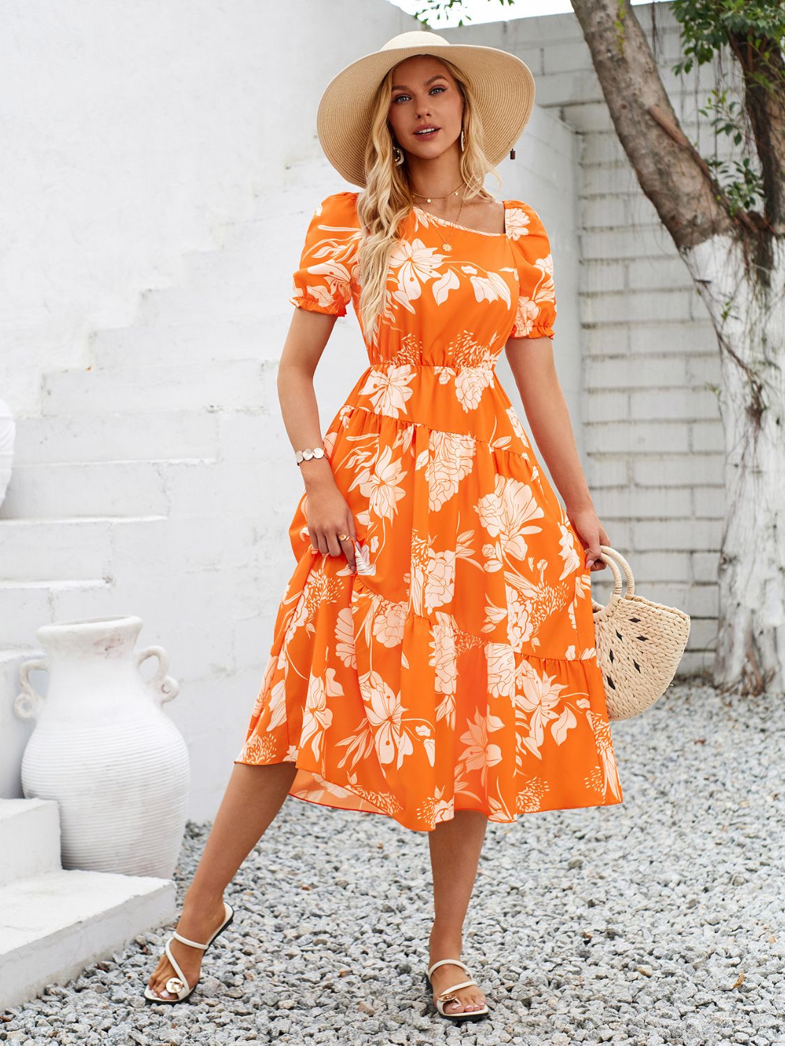 Printed Asymmetric Neck Short Sleeve Midi Dress Orange S 