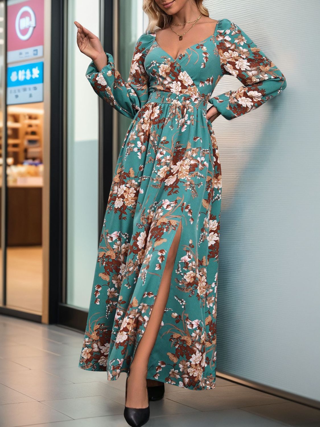 Slit Printed Surplice Long Sleeve Maxi Dress   