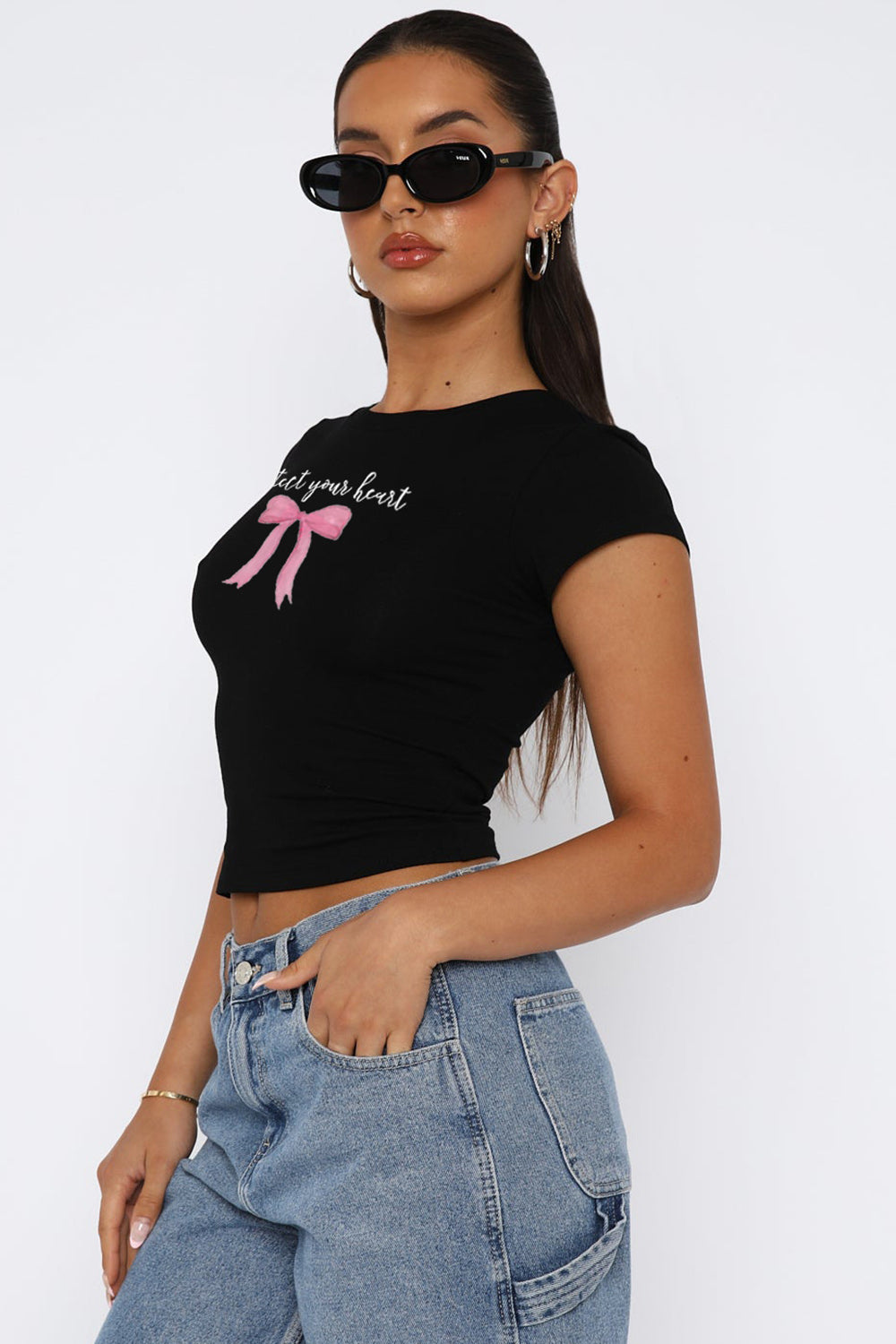 STUNNLY  Bow Graphic Round Neck Short Sleeve T-Shirt   