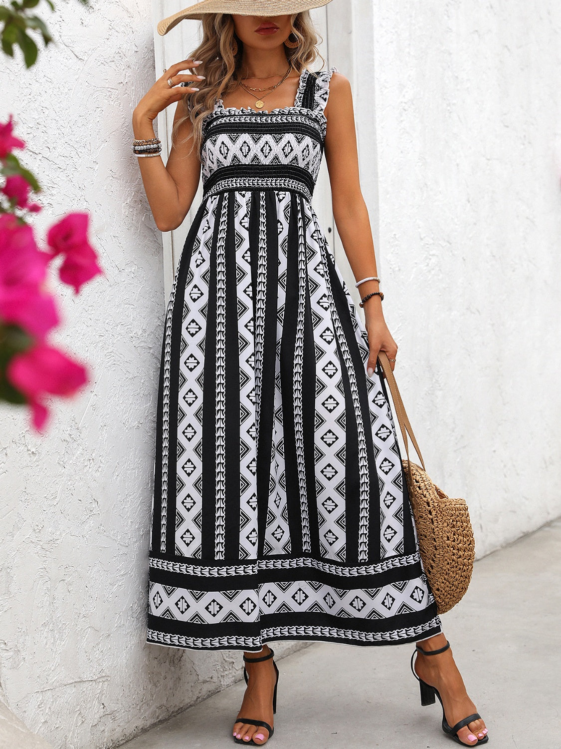 Printed Square Neck Wide Strap Cami Dress   