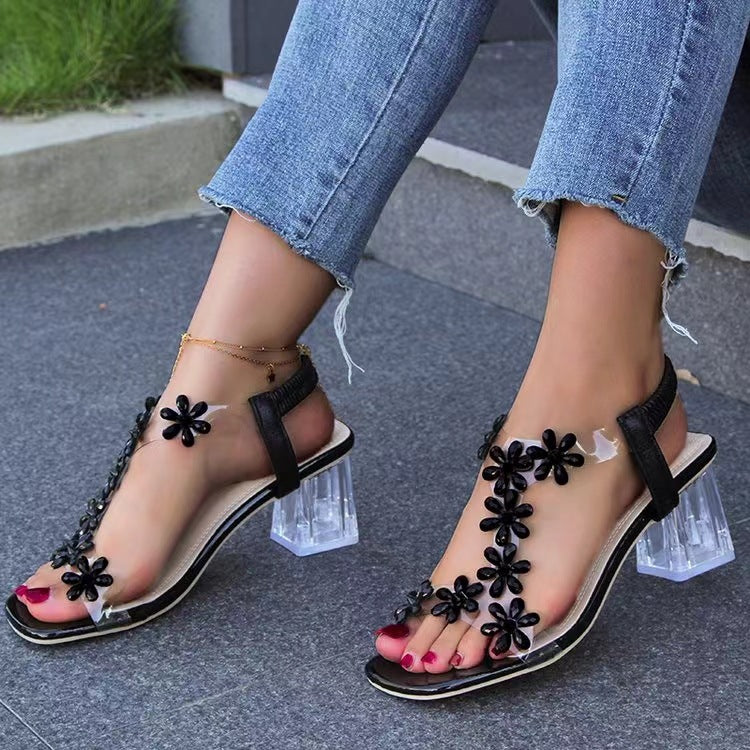 Flower Open Toe Block Heel Sandals   