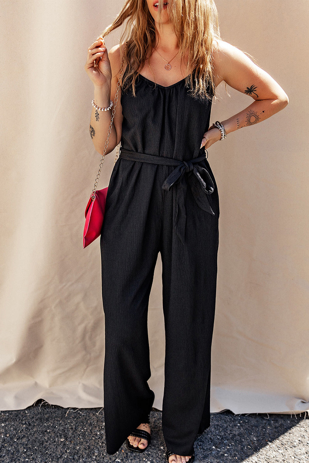 STUNNLY  Tied V-Neck Spaghetti Strap Jumpsuit   