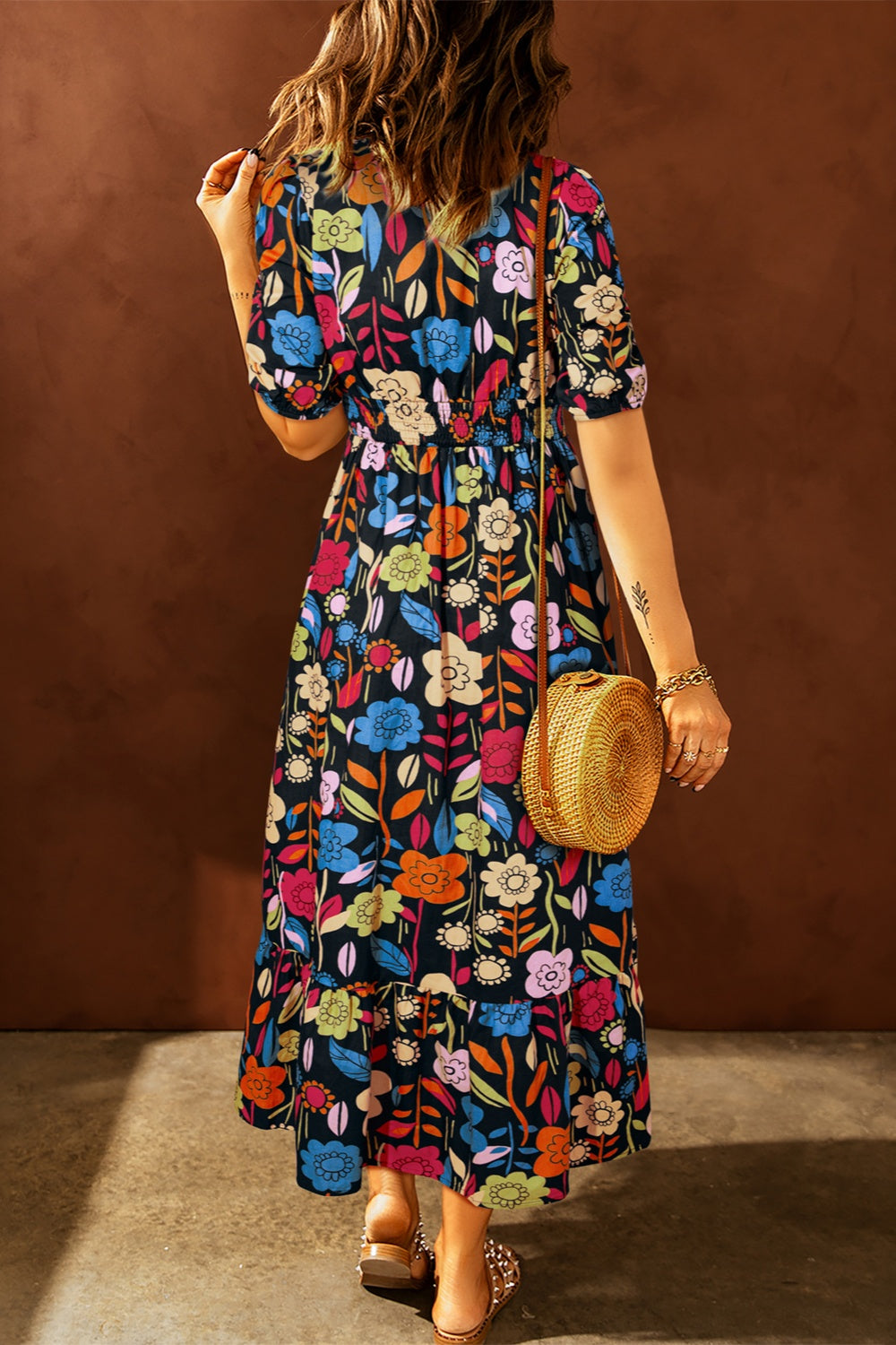 Printed V-Neck Half Sleeve Midi Dress   