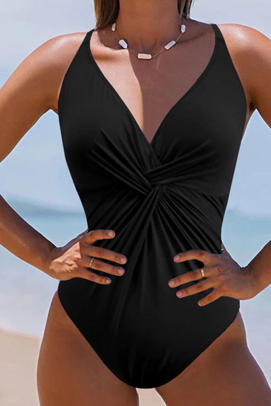 STUNNLY  Twisted Crisscross V-Neck One-Piece Swimwear Black S 