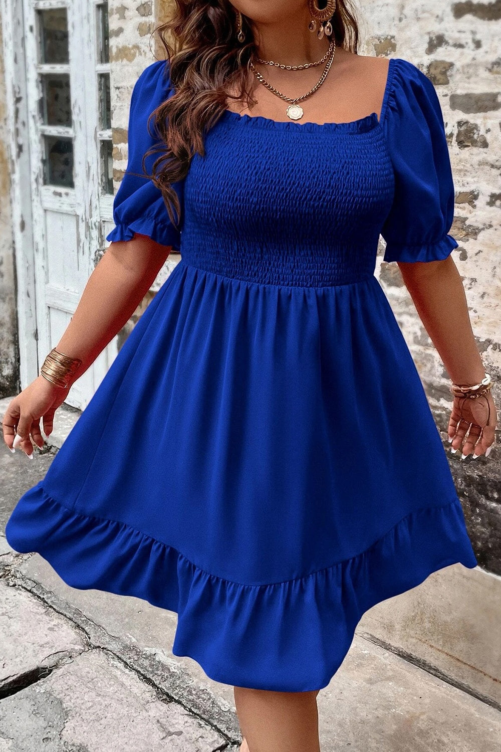 Plus Size Smocked Square Neck Short Sleeve Dress   