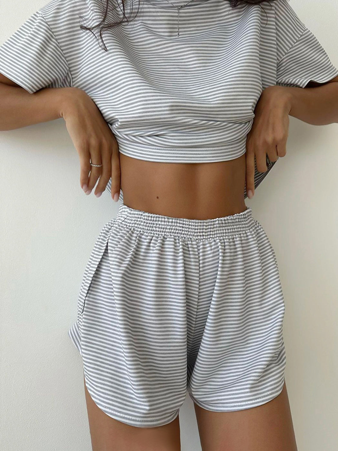 STUNNLY  Striped Round Neck Top and Shorts Set   