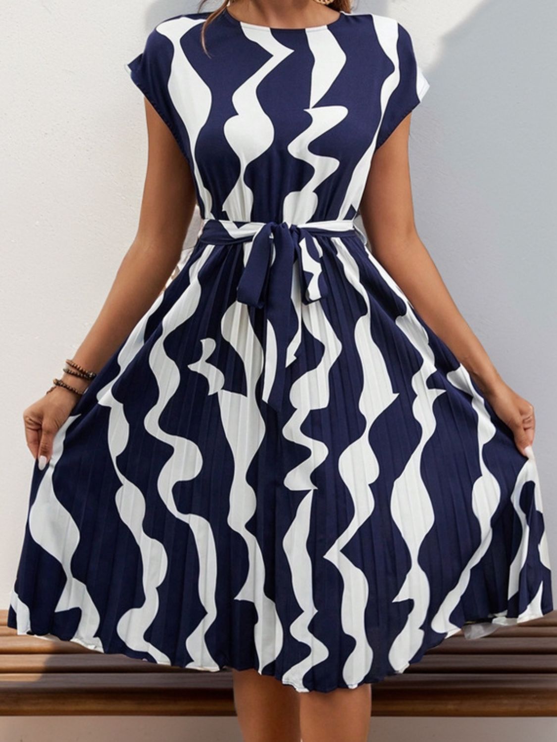 Tied Pleated Printed Cap Sleeve Dress Dark Blue S 