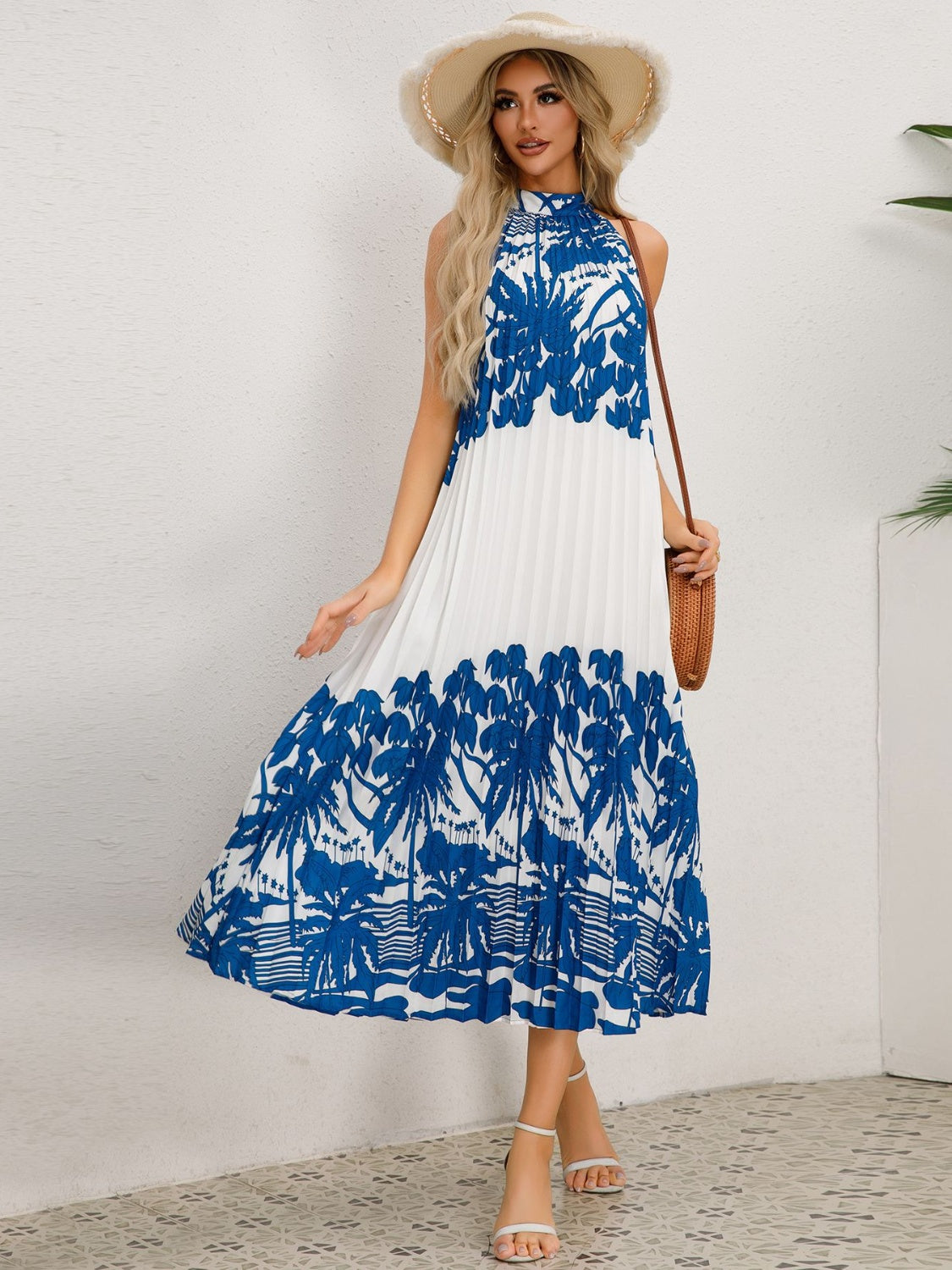 Tied Printed Sleeveless Midi Dress Royal Blue S 