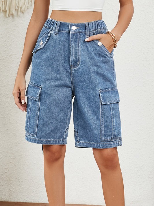 Buttoned Elastic Waist Denim Shorts with Pockets Medium S 