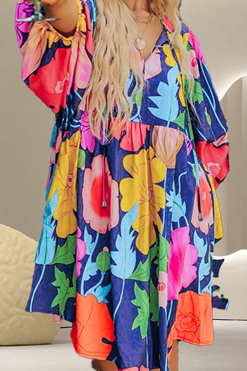 Plus Size Printed Tie Neck Long Sleeve Dress   