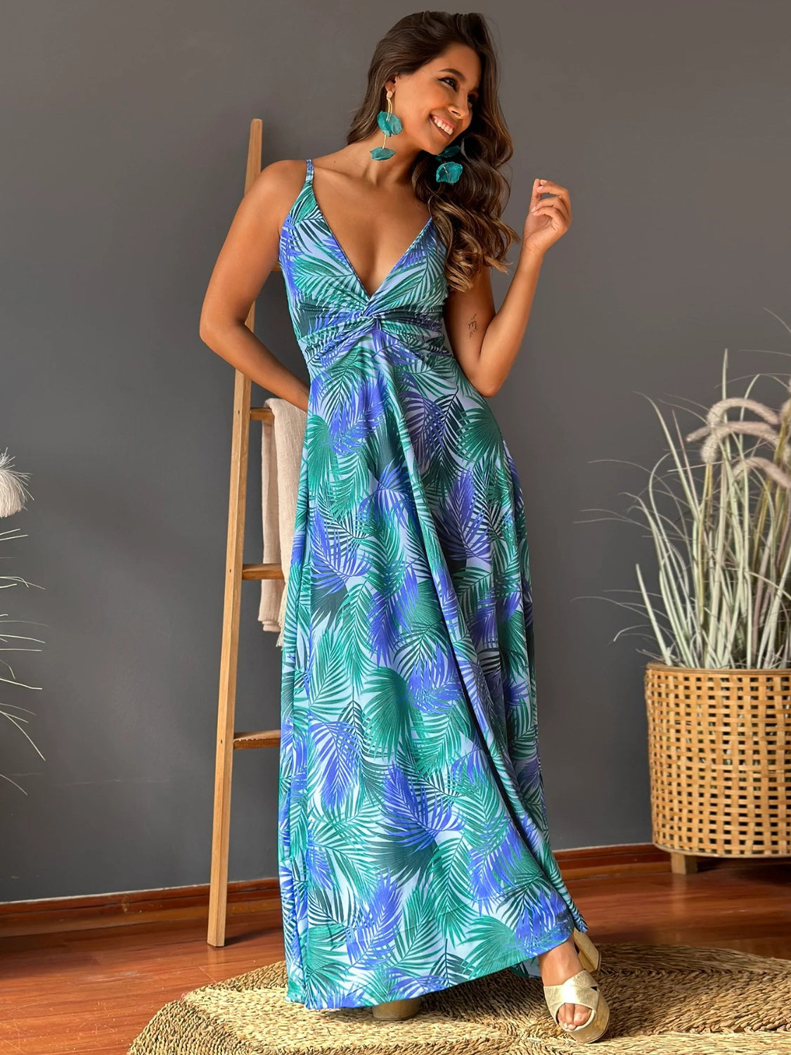 Twisted Printed V-Neck Cami Dress Blue S 