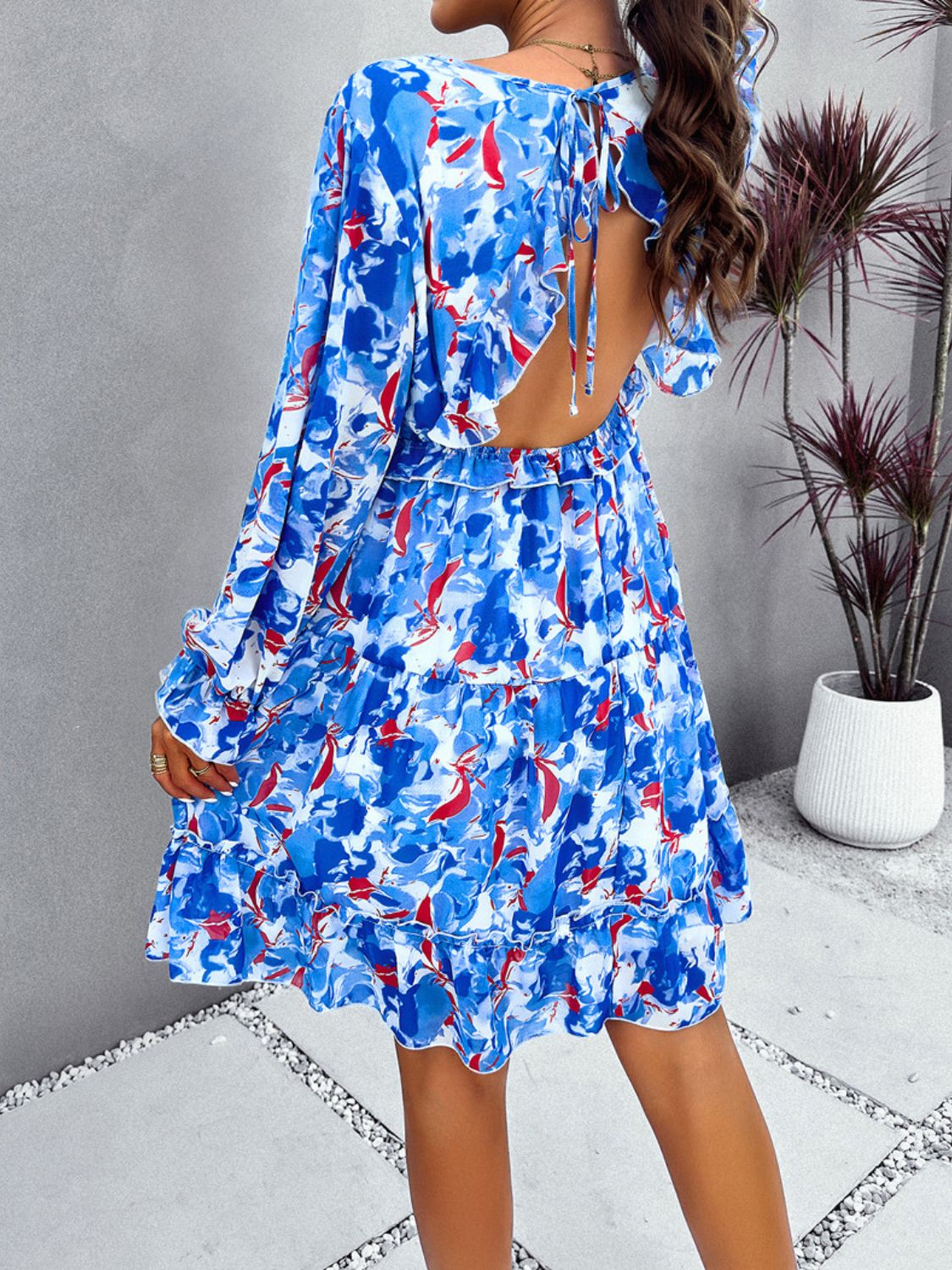 Backless Printed V-Neck Flounce Sleeve Dress   