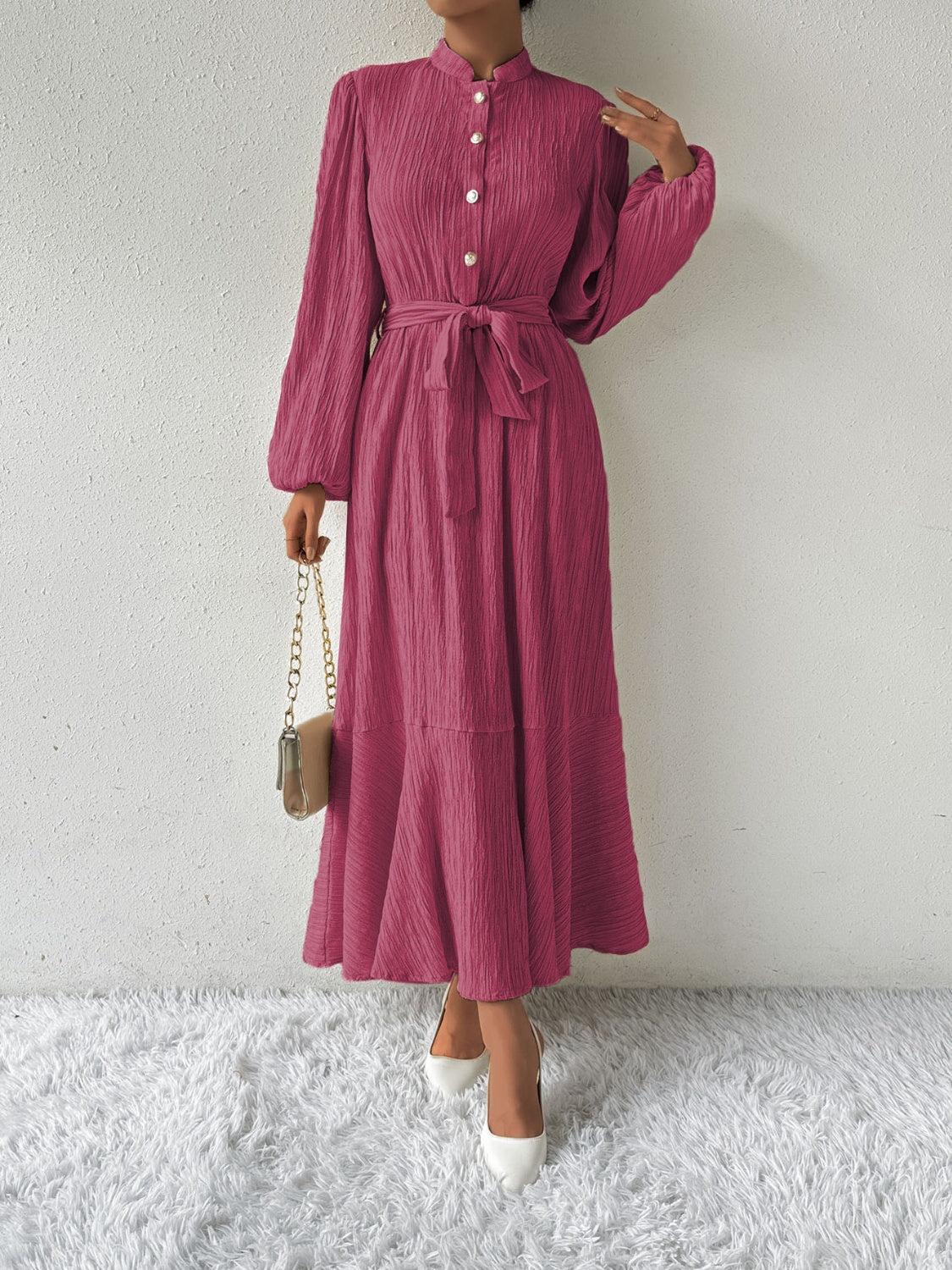 Tie Waist Long Sleeve Dress Deep Rose S 