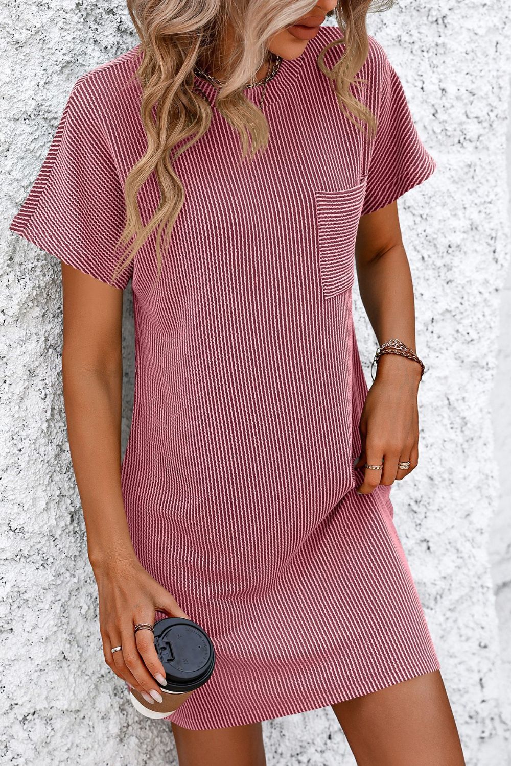 STUNNLY  Ribbed Striped Short Sleeve Mini Tee Dress Deep Rose S 