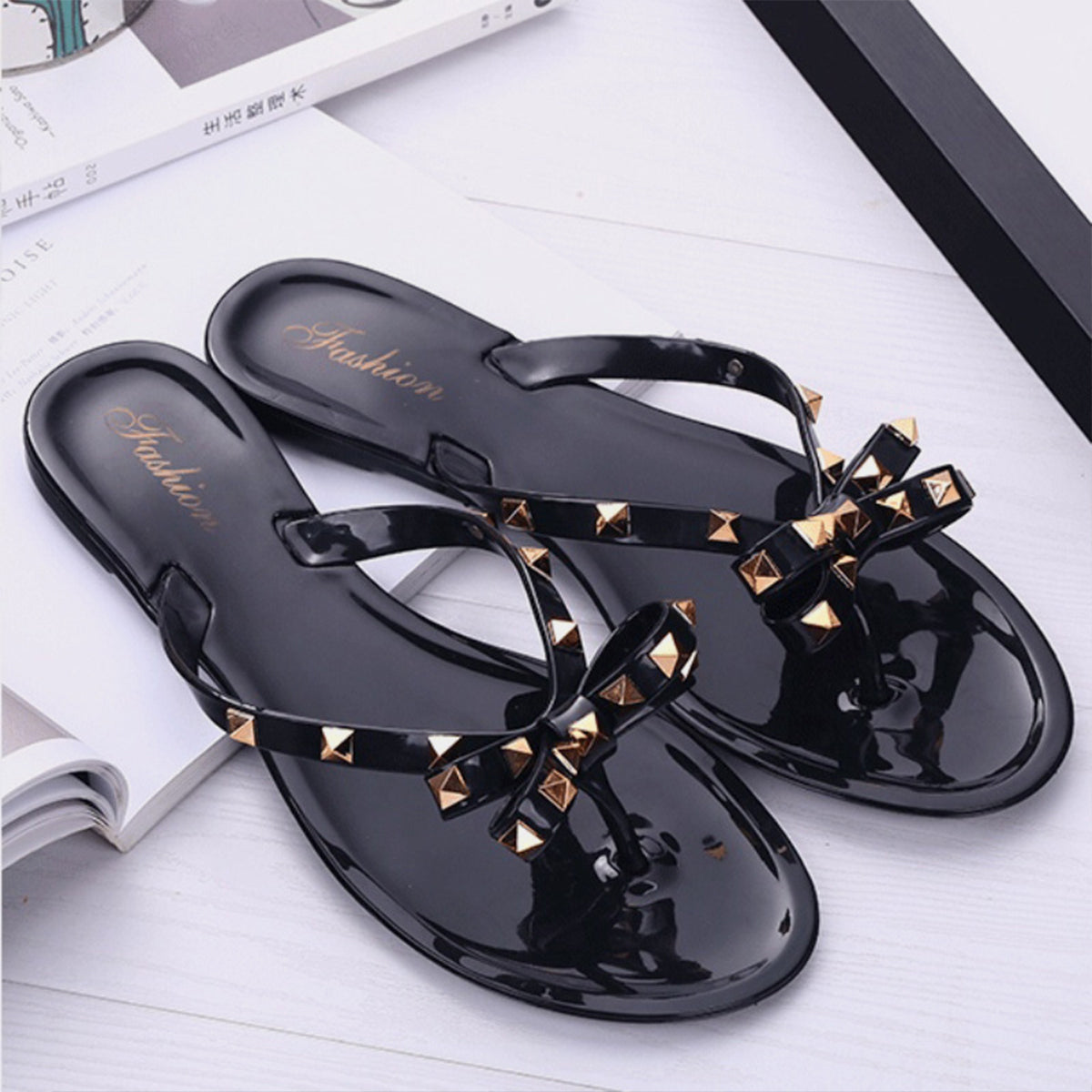 Bow Toe Post PVC Sandals Black 36(US5) 