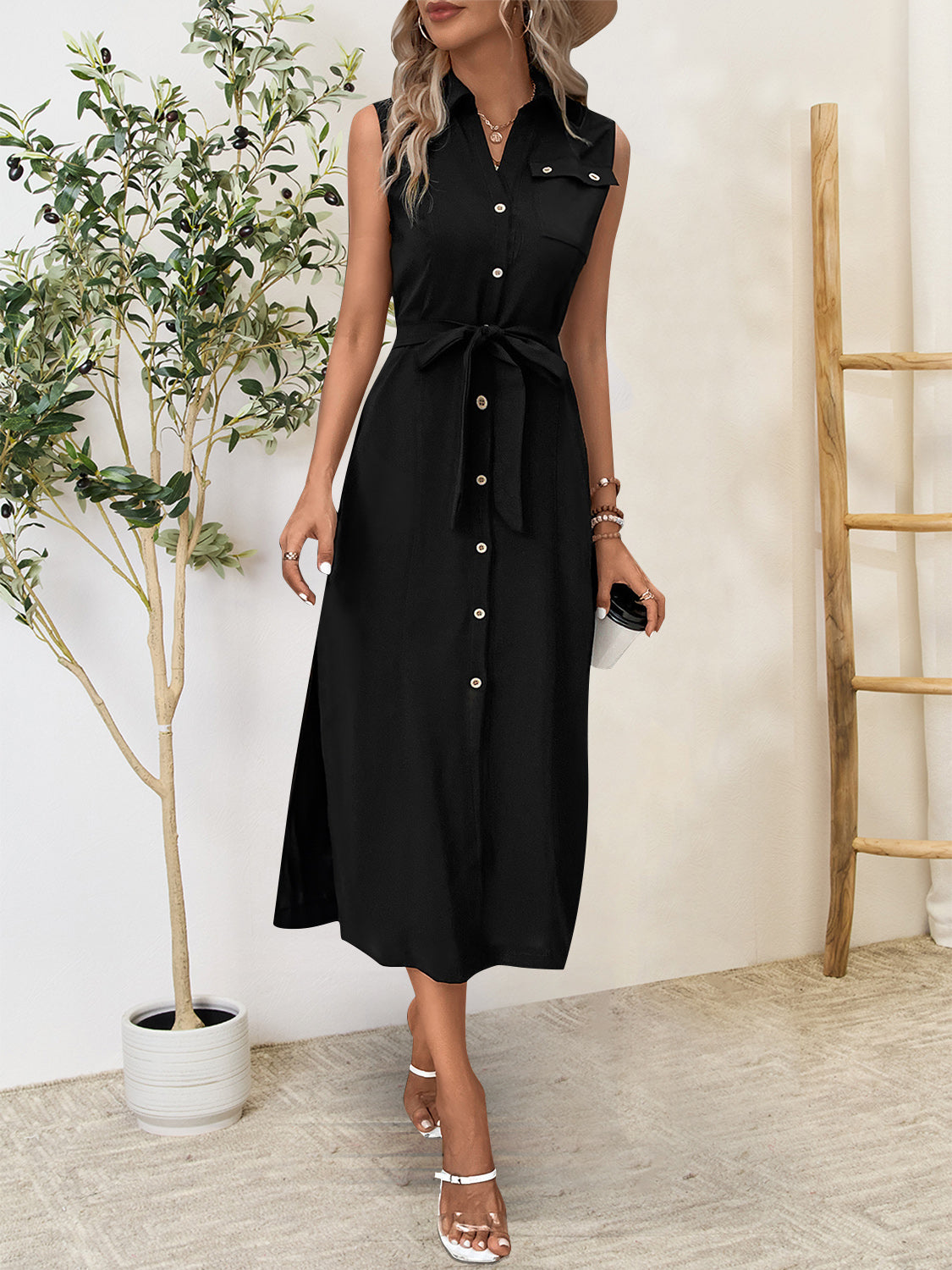 Button Up Sleeveless Midi Dress Black S 