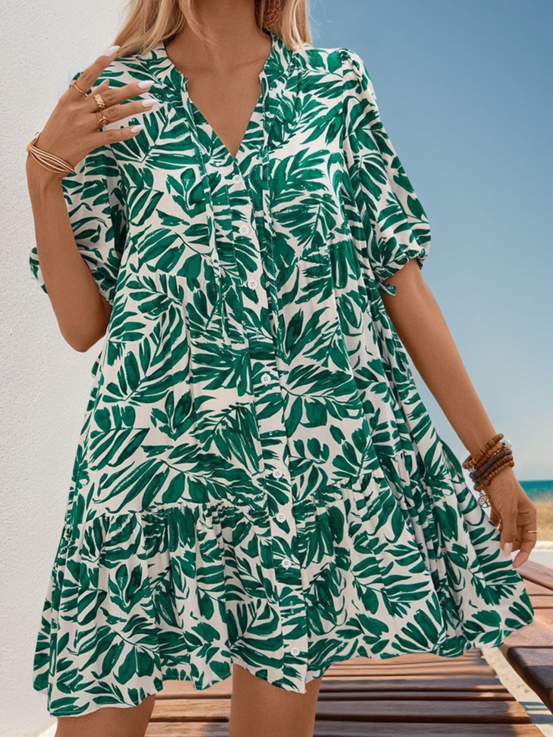 Ruffled Printed Half Sleeve Mini Dress Dark Green S 