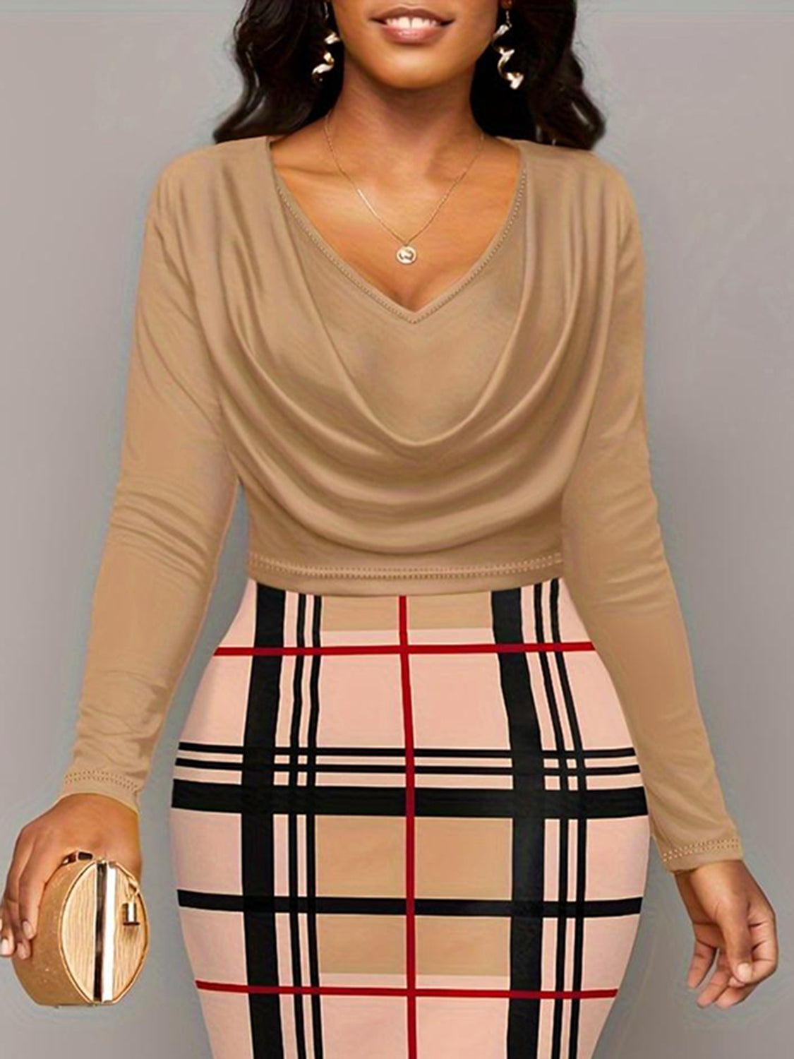 Plus Size Plaid Long Sleeve Mini Dress   