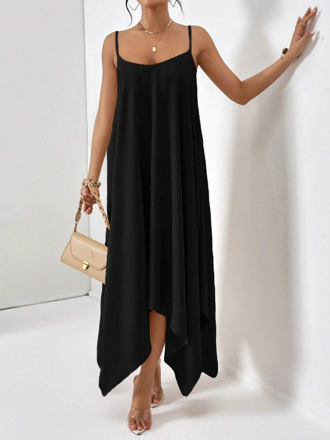 Scoop Neck Midi Cami Dress Black S 