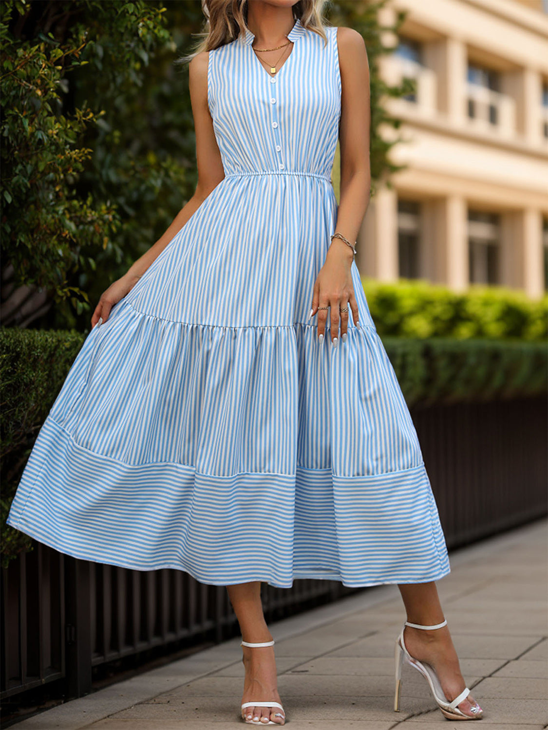 STUNNLY  Striped Notched Sleeveless Midi Dress   