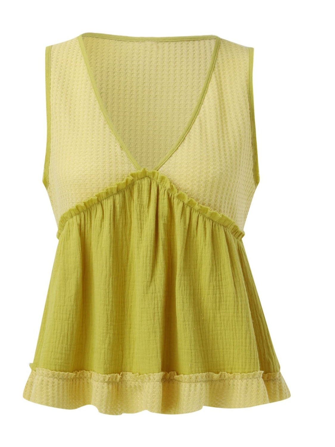 STUNNLY  Waffle-Knit Frill V-Neck Tank   