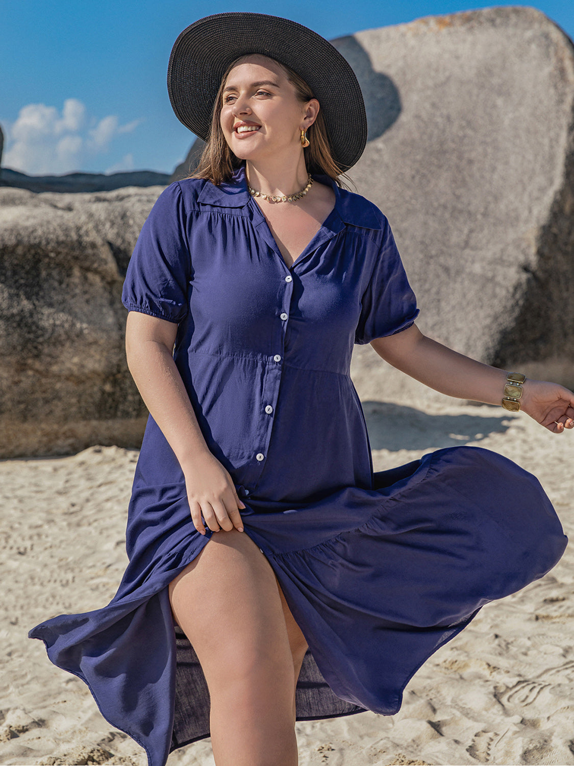 Plus Size Collared Neck Short Sleeve Midi Dress   