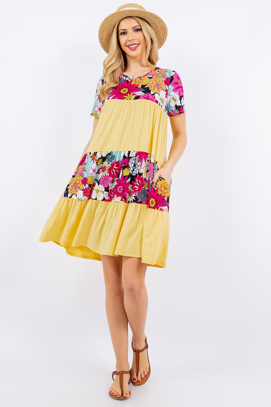 Celeste Full Size Color Block Floral Round Neck Short Sleeve Dress Yellow Mint S 