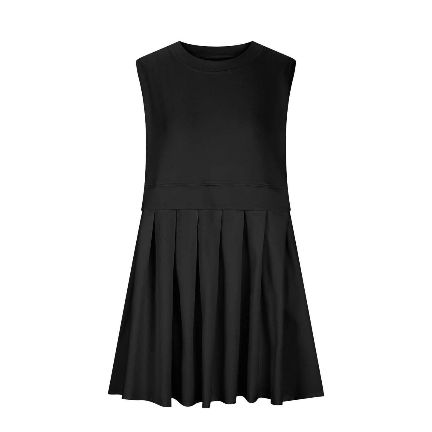 Pleated Round Neck Sleeveless Mini Dress Black S 