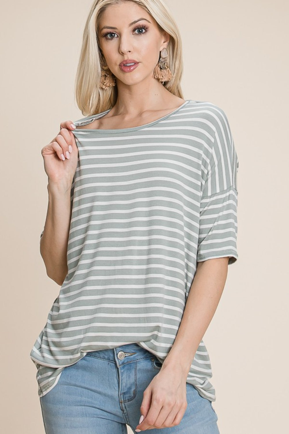 BOMBOM Striped Round Neck T-Shirt   