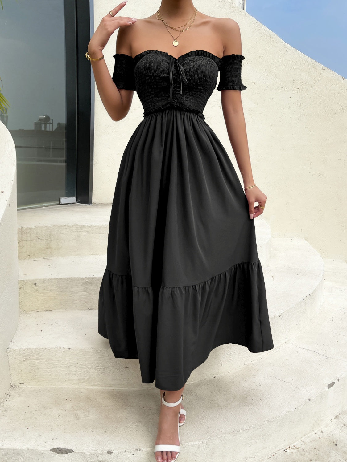 Off-Shoulder Short Sleeve Midi Dress   