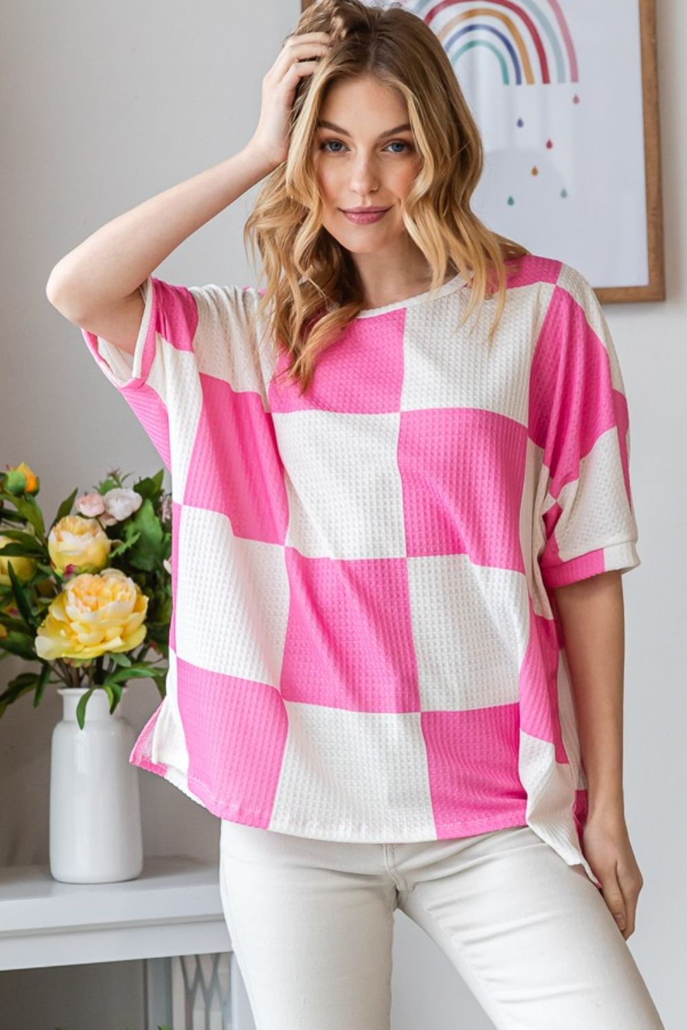 HOPELY Checkered Waffle Oversized T-Shirt   