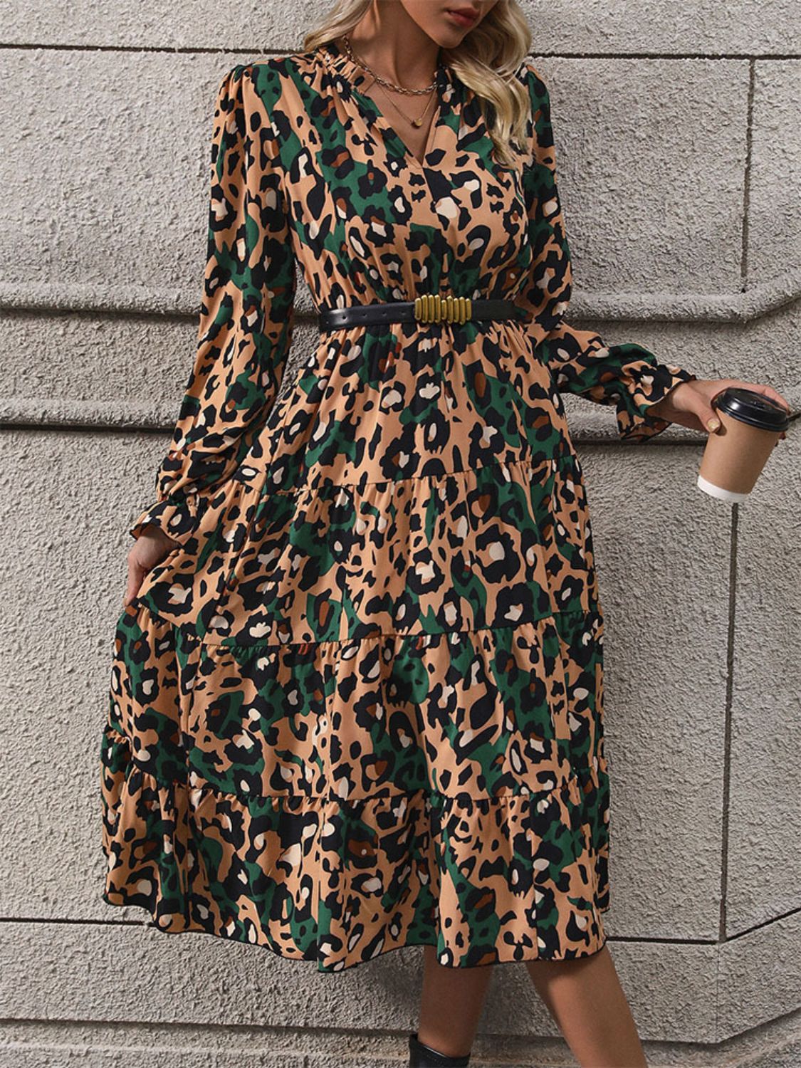 Leopard Notched Flounce Sleeve Midi Dress   