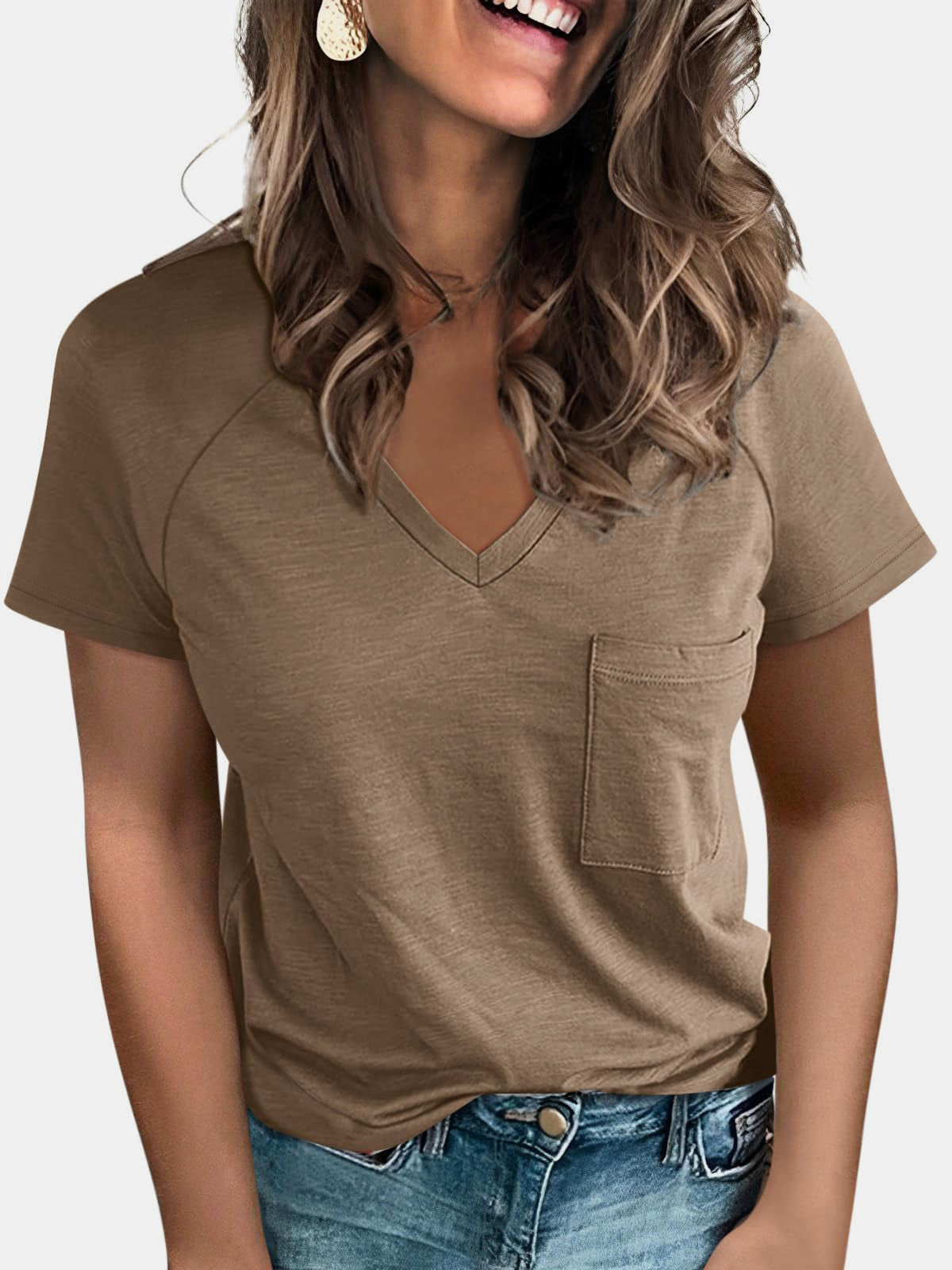 STUNNLY  Pocketed V-Neck Short Sleeve T-Shirt   