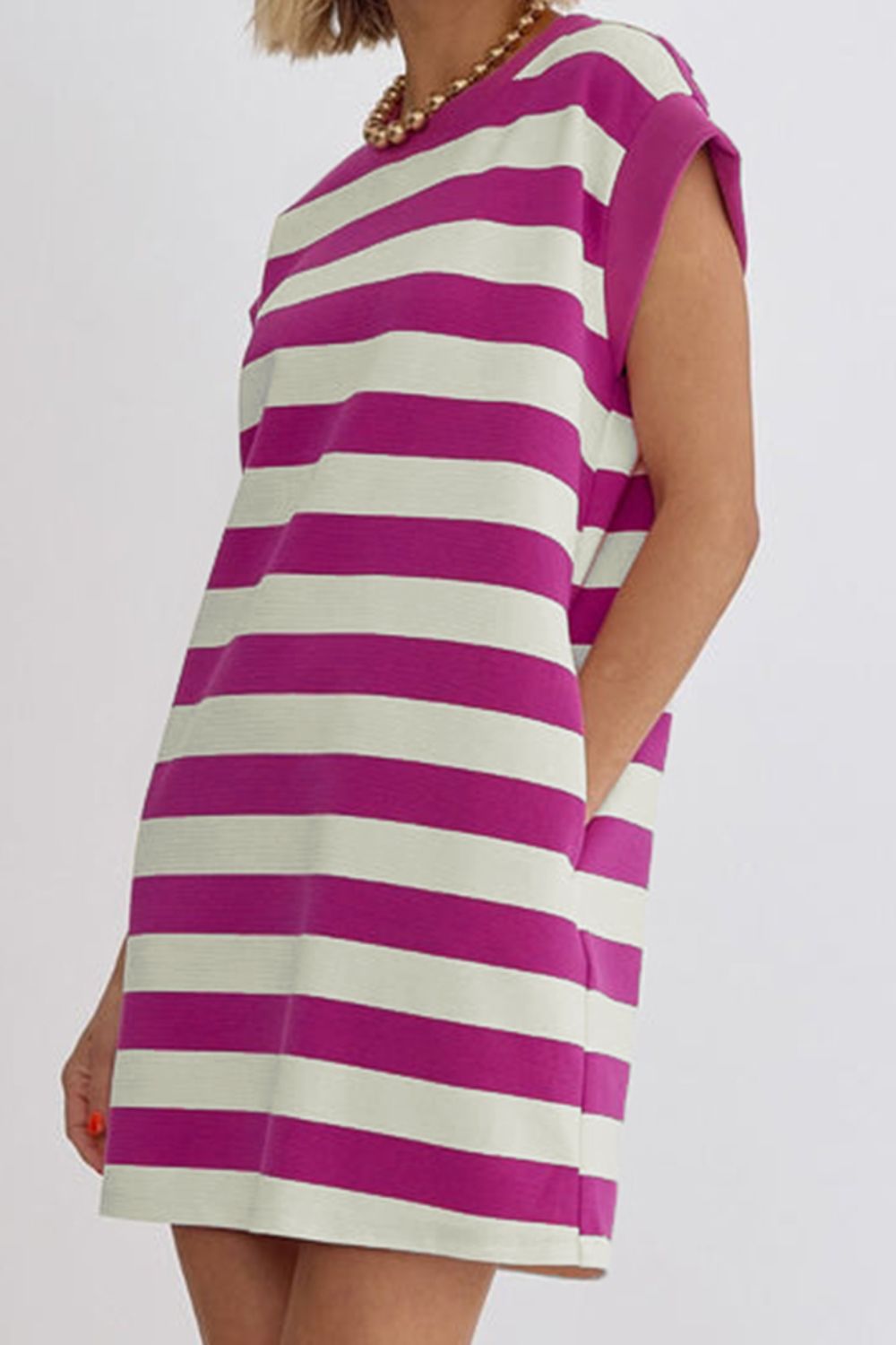 STUNNLY  Striped Round Neck Cap Sleeve Dress   