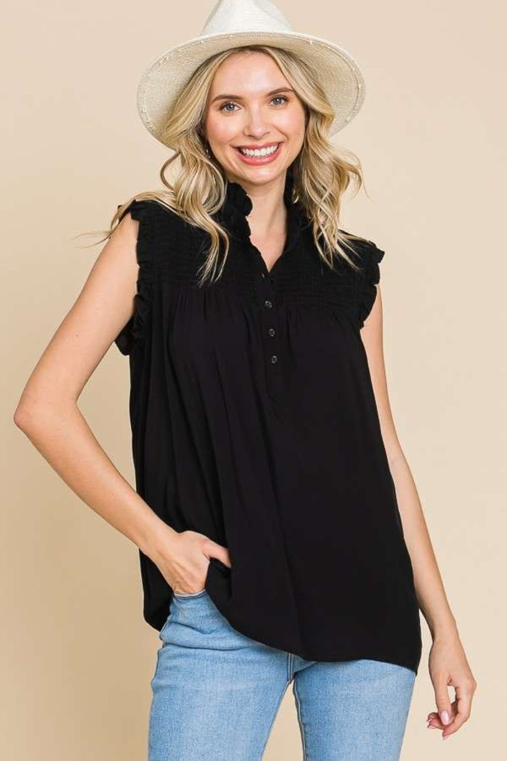 Culture Code Full Size Frill Edge Smocked Sleeveless Top Black S 