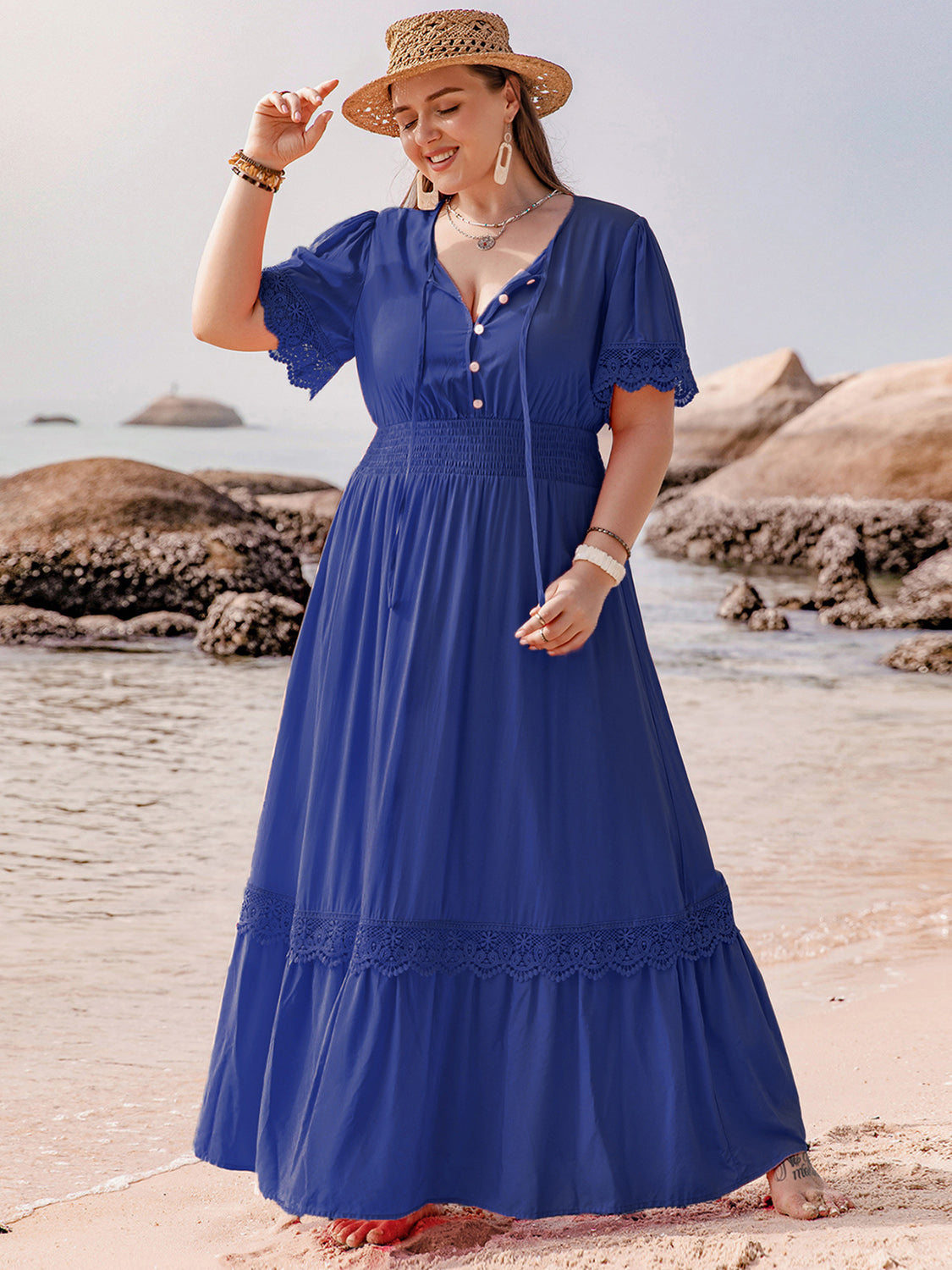 Plus Size Lace Detail Tie Neck Short Sleeve Maxi Dress   