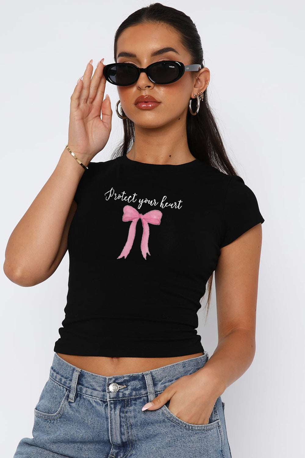 STUNNLY  Bow Graphic Round Neck Short Sleeve T-Shirt   