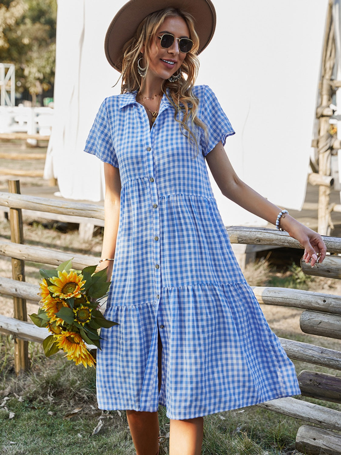 Button Up Plaid Short Sleeve Midi Dress Blue S 