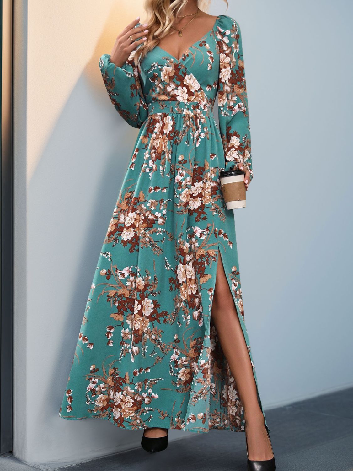 Slit Printed Surplice Long Sleeve Maxi Dress Turquoise S 