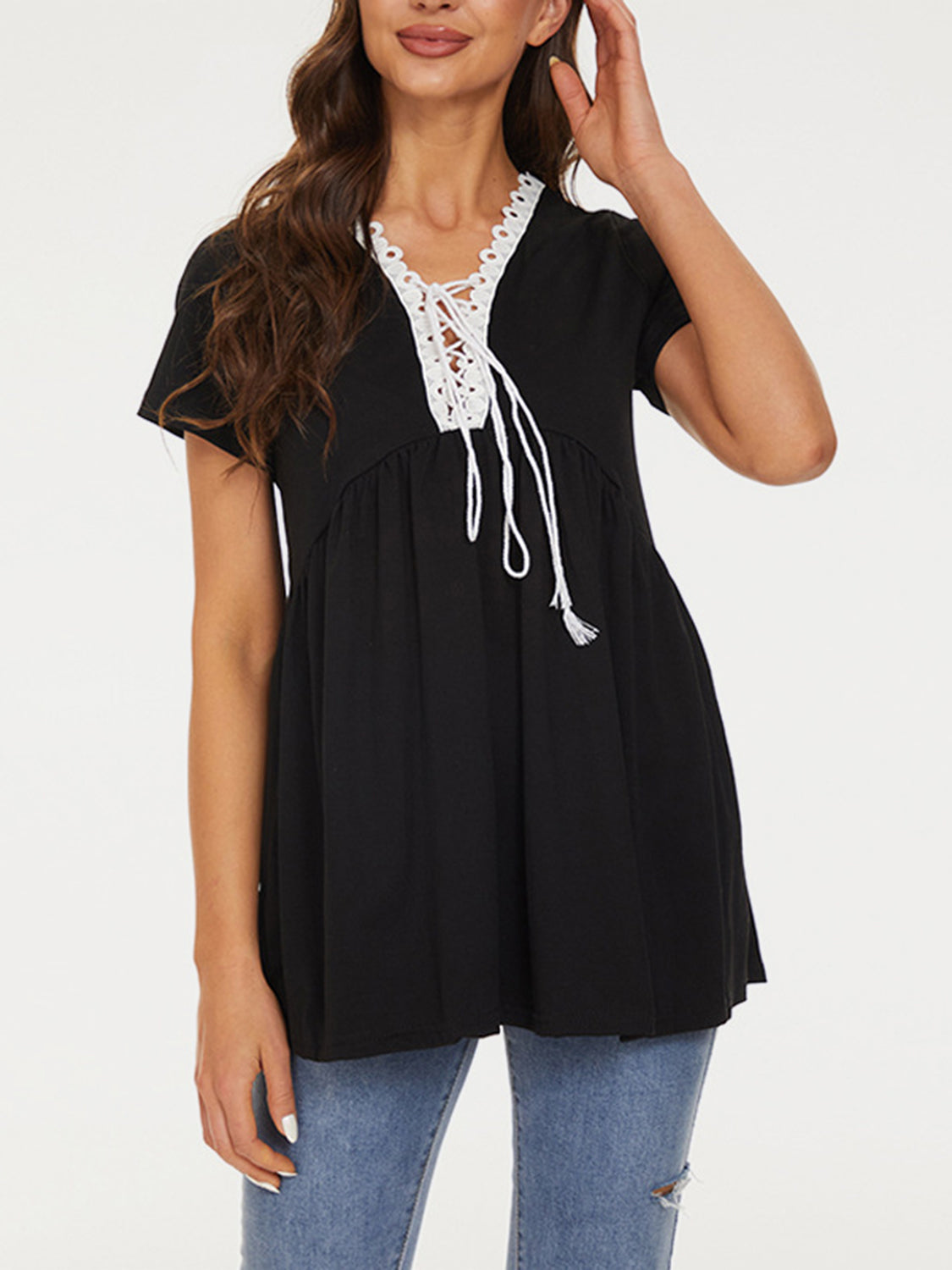 STUNNLY  Lace Detail Tie Neck Short Sleeve T-Shirt   