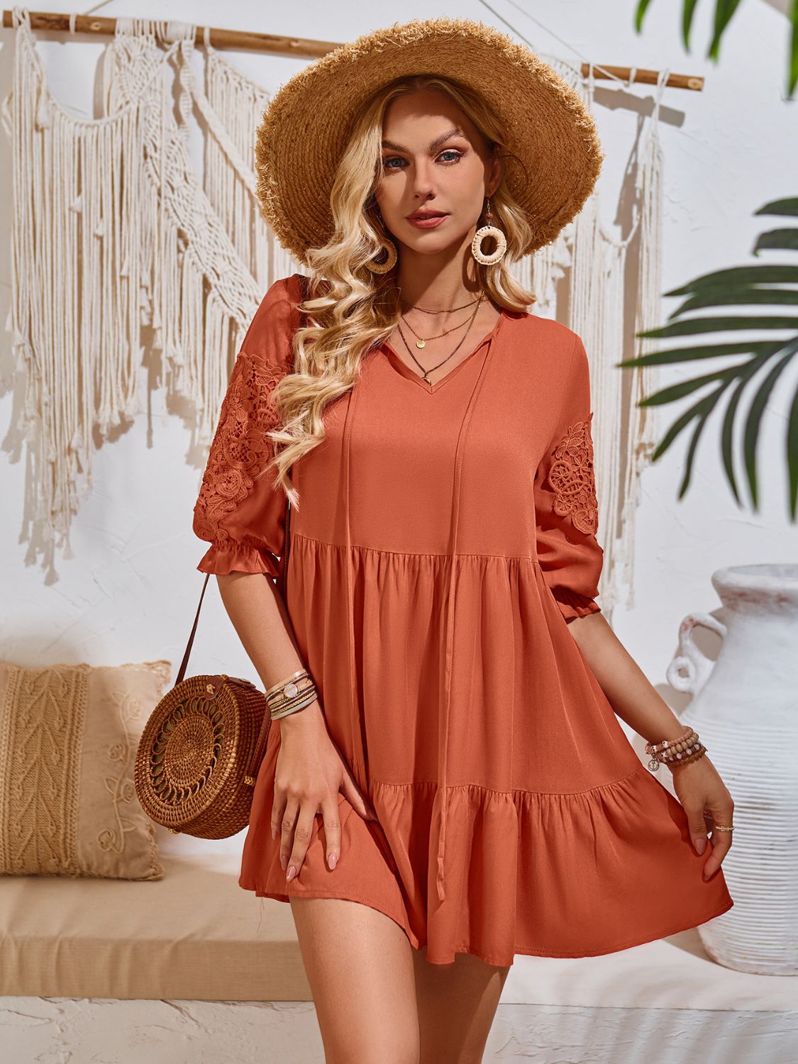 Lace Detail Tie Neck Half Sleeve Mini Dress Rust S 