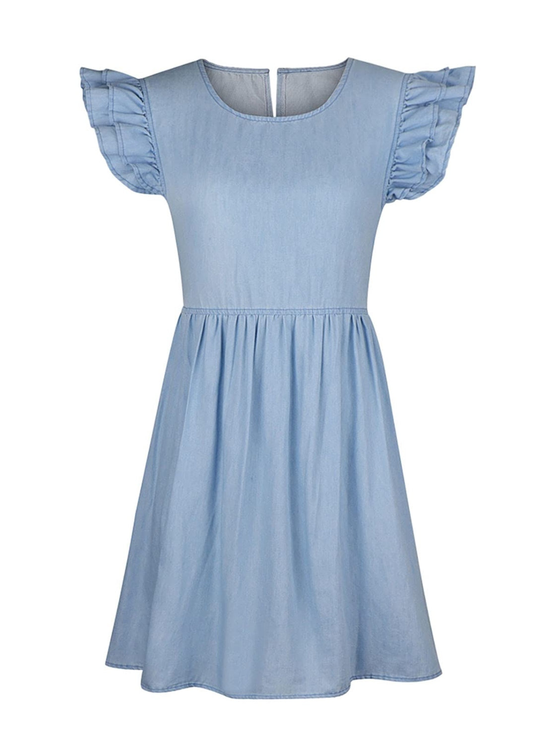 STUNNLY  Full Size Ruffled Round Neck Cap Sleeve Denim Dress   