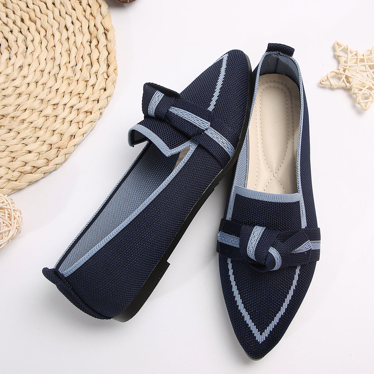 Bow Contrast Trim Point Toe Loafers   