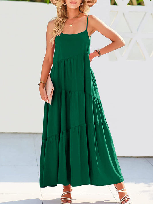 STUNNLY  Full Size Ruched Tiered Spaghetti Strap Dress Green S 