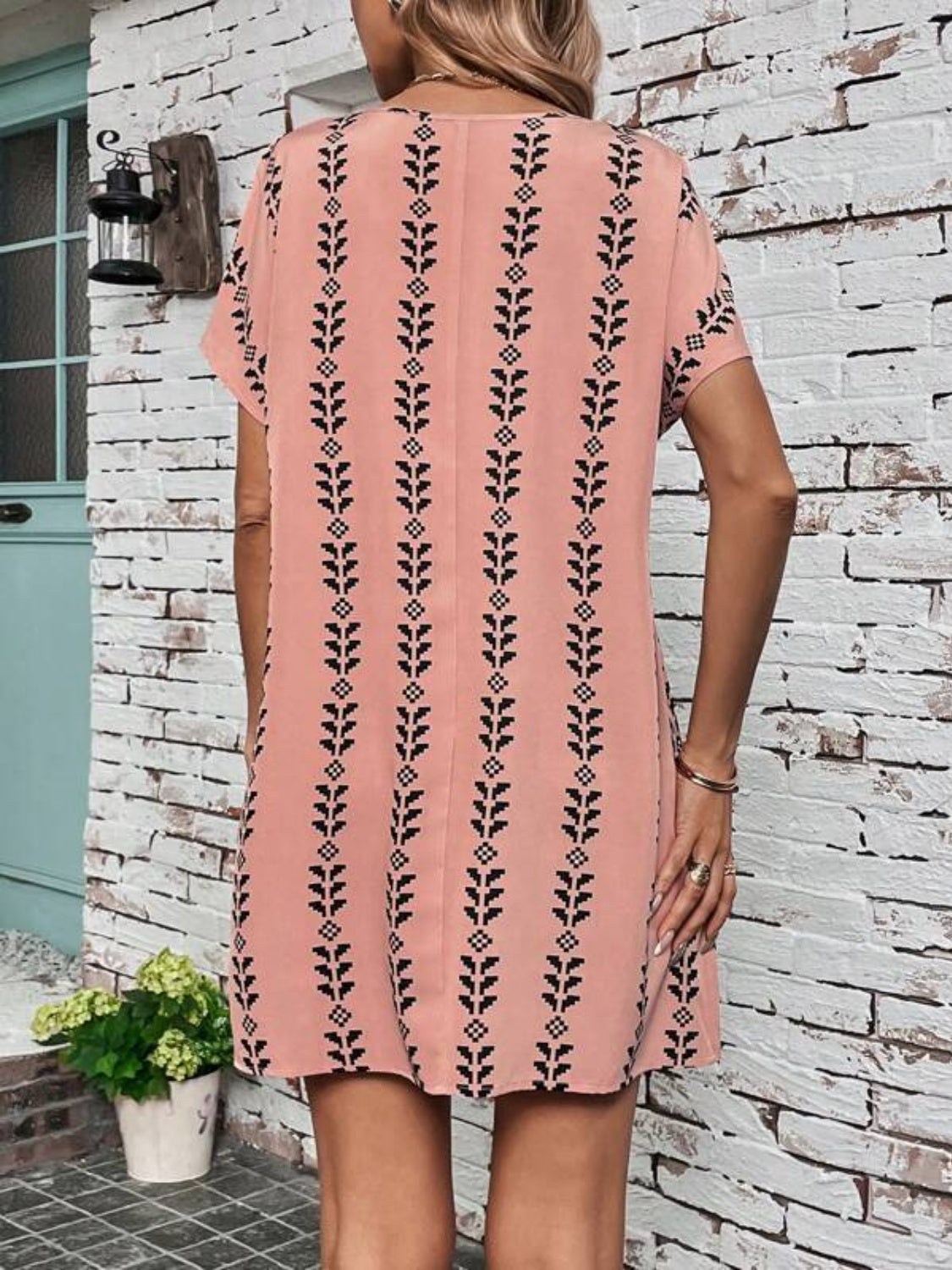 Printed Round Neck Short Sleeve Dress   