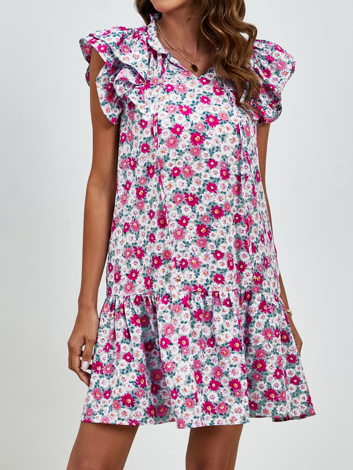 Tied Floral Cap Sleeve Mini Dress   